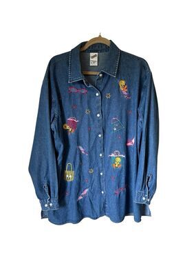 Warner Bros Studios Store Y2K Denim Embroidered Tweety Bird Long Sleeve Shirt XL